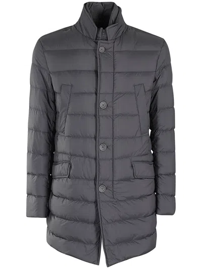 Herno Quilted Anthracite Coat With High Collar And Minimalist Design In Gray
