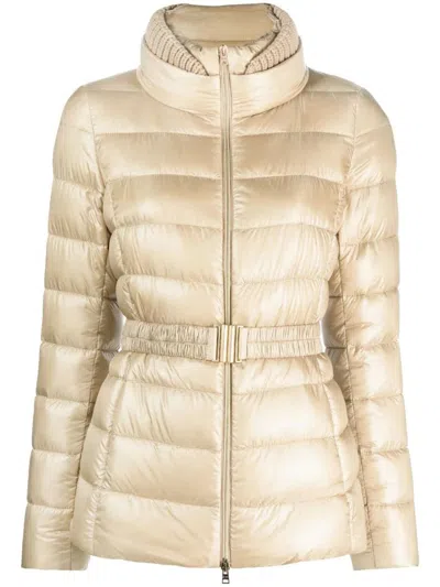 HERNO HERNO QUILTED BEIGE PUFFER JACKET WITH BELTED WAIST