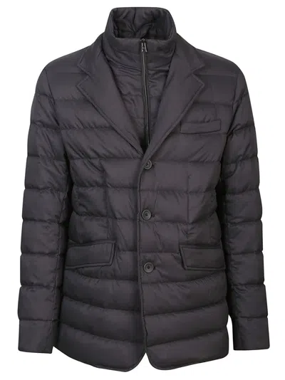 HERNO QUILTED BLACK BLAZER WITH ALCANTARA UNDERCOLLAR AND REMOVABLE BIB