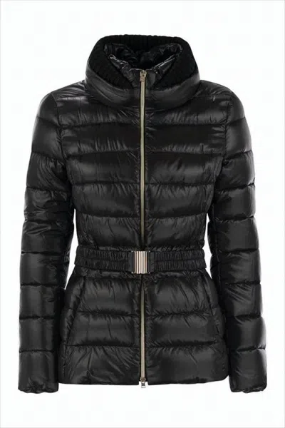 Herno Quilted Black Down Jacket With Ribbed High Collar