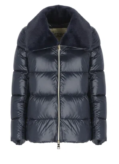 Herno Light Puffer With Collar Fur In Blue