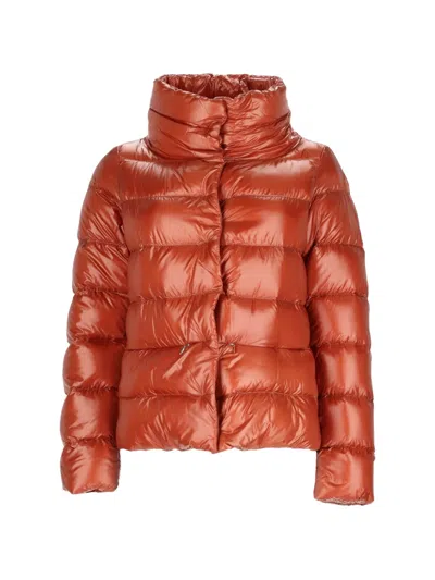 Herno Short Nylon Puffer Jacket With High Collar And Horizontal Quilting In Orange