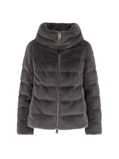 HERNO HERNO QUILTED HIGH-COLLAR GREY FAUX FUR COAT