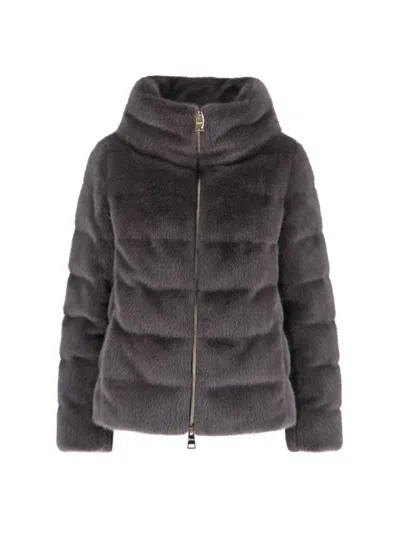 Herno Quilted High-collar Grey Faux Fur Coat In Gray