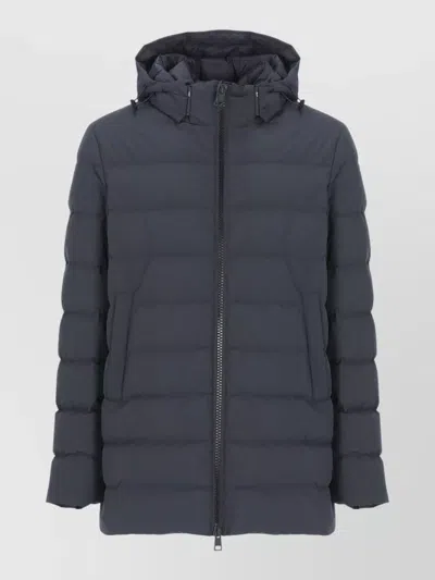 Herno Quilted Hooded Down Jacket Side Pockets In Blue