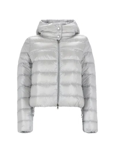 Herno Hooded Quilted Long Coat Womens Outerwear In Silver