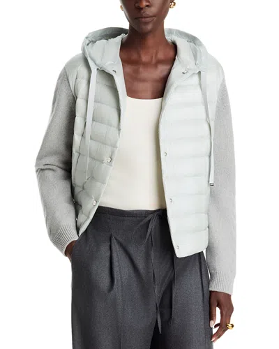 Herno Quilted Hooded Mixed Media Coat In Blue