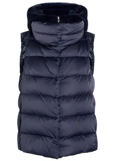 Herno Quilted Hooded Shell And Faux Fur Gilet In Blue