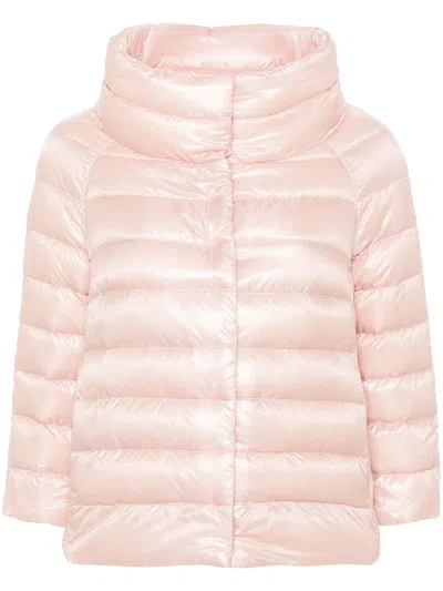 Herno Quilted Mini Jacket With High Collar And Jewel Sleeves In Pink