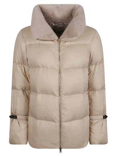 Herno Quilted Padded Down Jacket With Plush Collar And Adjustable Straps In Neutral