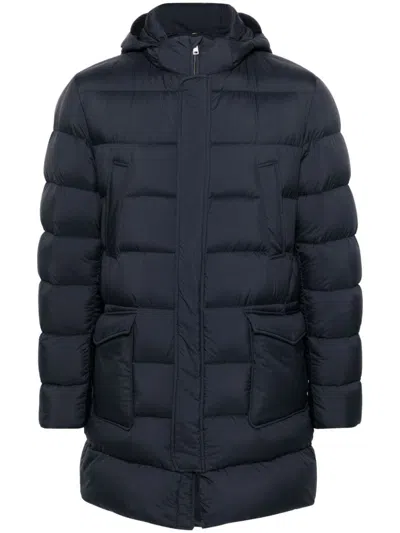 Herno Long Quilted Down Jacket With Hood And Flap Pockets In Blue