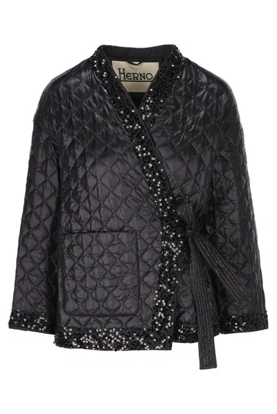 Herno Quilted Sequin Embellished Tied-waist Jacket In Black