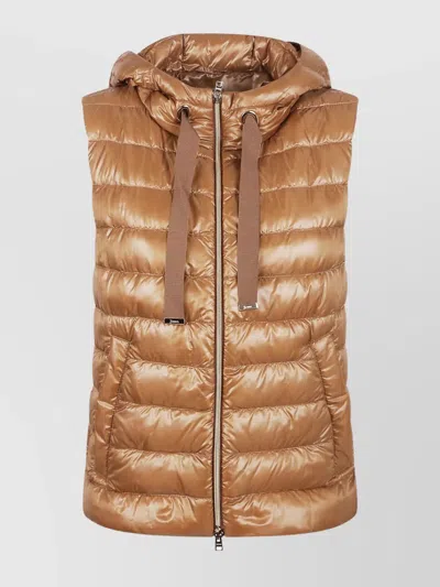 Herno Quilted Sleeveless Hooded Drawstring Jacket In Brown