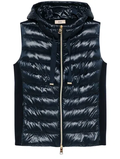 Herno Quilted Vest With Shiny Finish And Cozy Hood In Blue