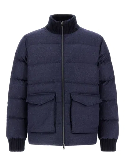 Herno Bomber In Glen Check Wool And Cashmere In Blue