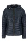 Herno Blue Down Jacket With Drawstring Hood And Logo Plaque On The Rear In Tech Fabric Woman In Blue