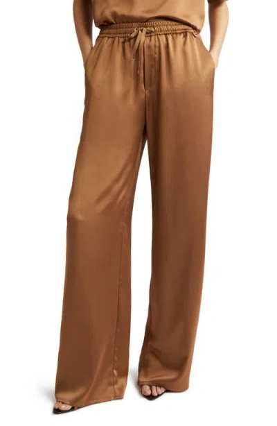 Herno Raso Satin Flare Leg Pants In Camel