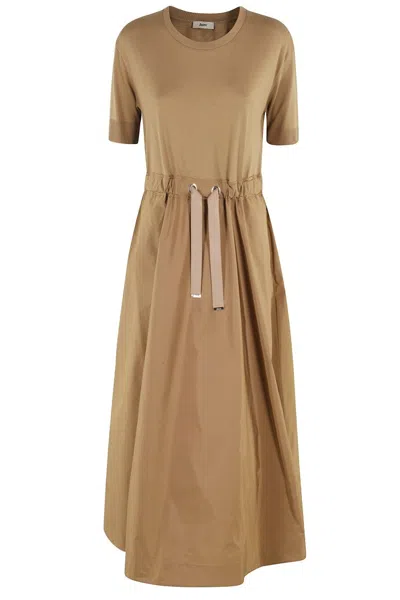 Herno Relaxed Fit Maxi Dress With Adjustable Waist In Cammello