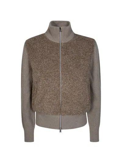 Herno Resort Bouclé-panel Ribbed-knit Cardigan In Brown