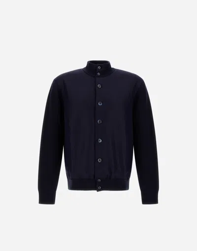 Herno Resort Cardigan In Cashmere Cotton Knit & Felted Wool In Blue