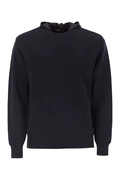 Herno Resort Double Cotton Knit And Nylon Hoodie In Blue