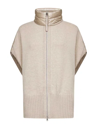 Herno Resort Ivory Knit And Ultralight Nylon Resort Poncho In Pink