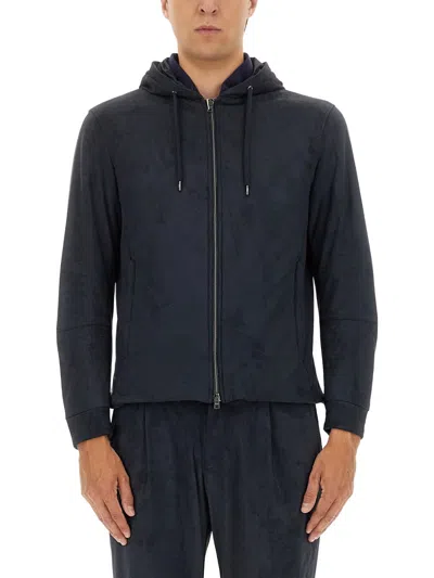 Herno Hooded Resort Jacket In Melange Suede In Blue