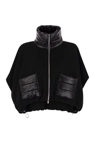 Herno Resort Poncho In Wool And Cashemre With Ultralight Nylon Details In Black
