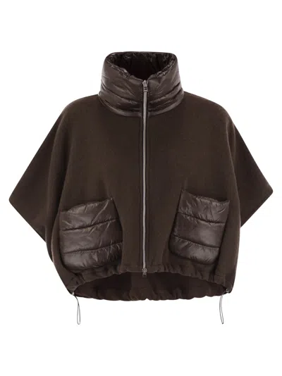 Herno Resort Poncho In Wool And Cashemre With Ultralight Nylon Details In Brown