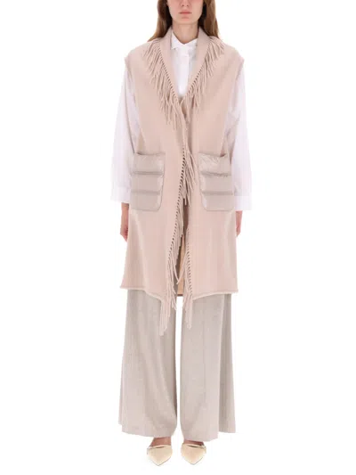 Herno Fringed Neutral Tone Vest With Quilted Patch Pockets In Pink
