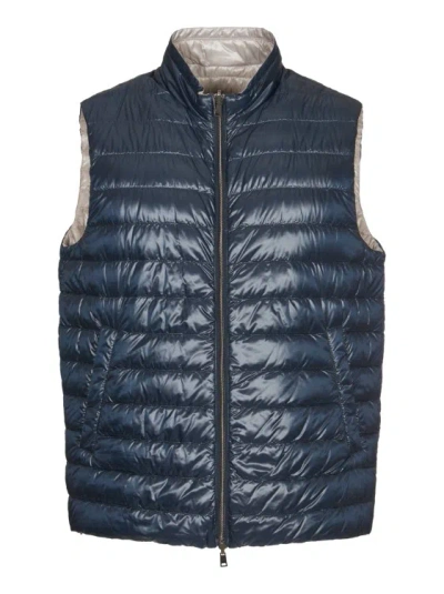 Herno Reversible Blue And Beige Waistcoat In Gray