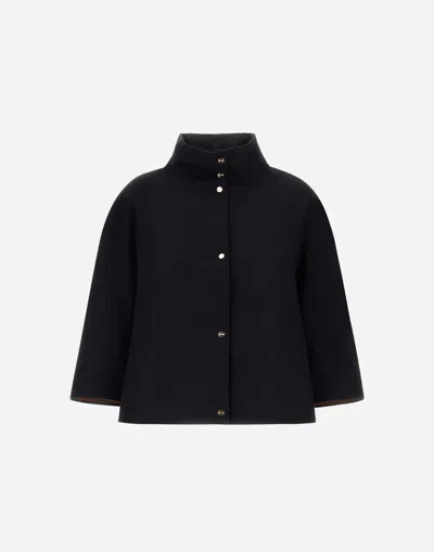Herno Reversible Cape In Cashmere, Silk And Changing Nylon In Black