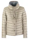 Herno Funnel Neck Reversible Puffer Jacket In Champagne/light Blue