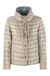 Herno Funnel Neck Reversible Puffer Jacket In Champagne/light Blue