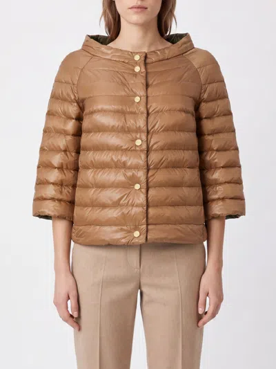 Herno Reversible Round-neck Cropped Down Jacket In Ultralight Nylon In Brown
