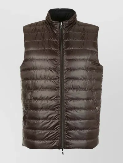Herno Reversible Sleeveless Jacket High Neck Pockets In Brown