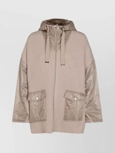 Herno Ribbed Capes Hood Drawstring Detail Front Pockets In Brown