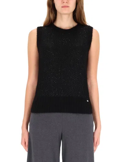 Herno Ribbed Knit Black Vest With Round Neckline