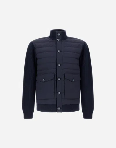 Herno Jacket In Ribbed Merino Wool G.7 And Polished Smooth Wool In Blue