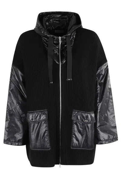 Herno Ribbed Wool Cape With Drawstring Hood And Contrasting Sleeves In Blue