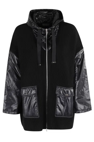 HERNO RIBBED WOOL CAPE WITH DRAWSTRING HOOD AND CONTRASTING SLEEVES