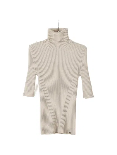 Herno Turtleneck Short Sleeve Rib Knit Wool Sweater In Neutral