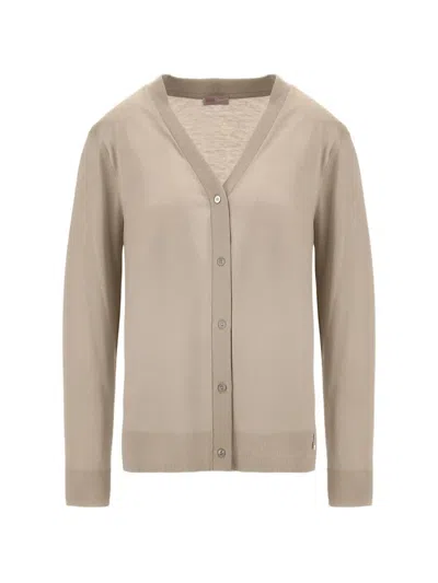 Herno Ribbed-knit V-neck Cardigan In Nude