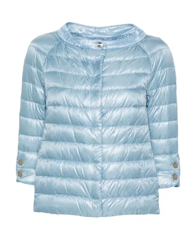 Herno Round Collar Long Sleeved Down Jacket In Blue