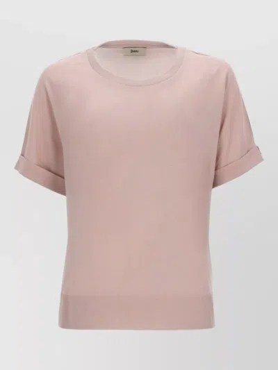 Herno Round Neck Top Short Sleeves Cuffs In Pink