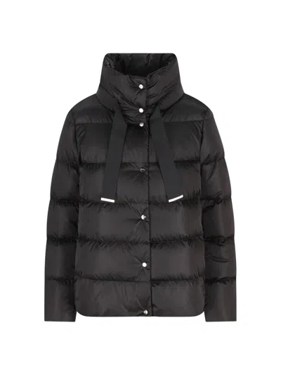 Herno Satin Cape Down Jacket With High Collar And Drawstring In Black