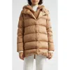 Herno Satin Down Puffer Jacket With Removable Faux Fur Hooded Bib In Camel
