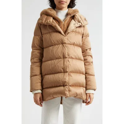 Herno Satin Down Puffer Jacket With Removable Faux Fur Hooded Bib In Camel