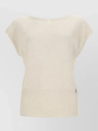 Herno Sequin Detail Top Cap Sleeves Ribbed Hem In White