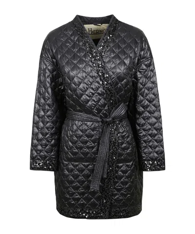 Herno Sequin Embellished Belted Padded Jacket In Black